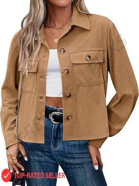 Cropped Corduroy Shacket Button Down Casual Long Sleeve Lightweight Jacket Top